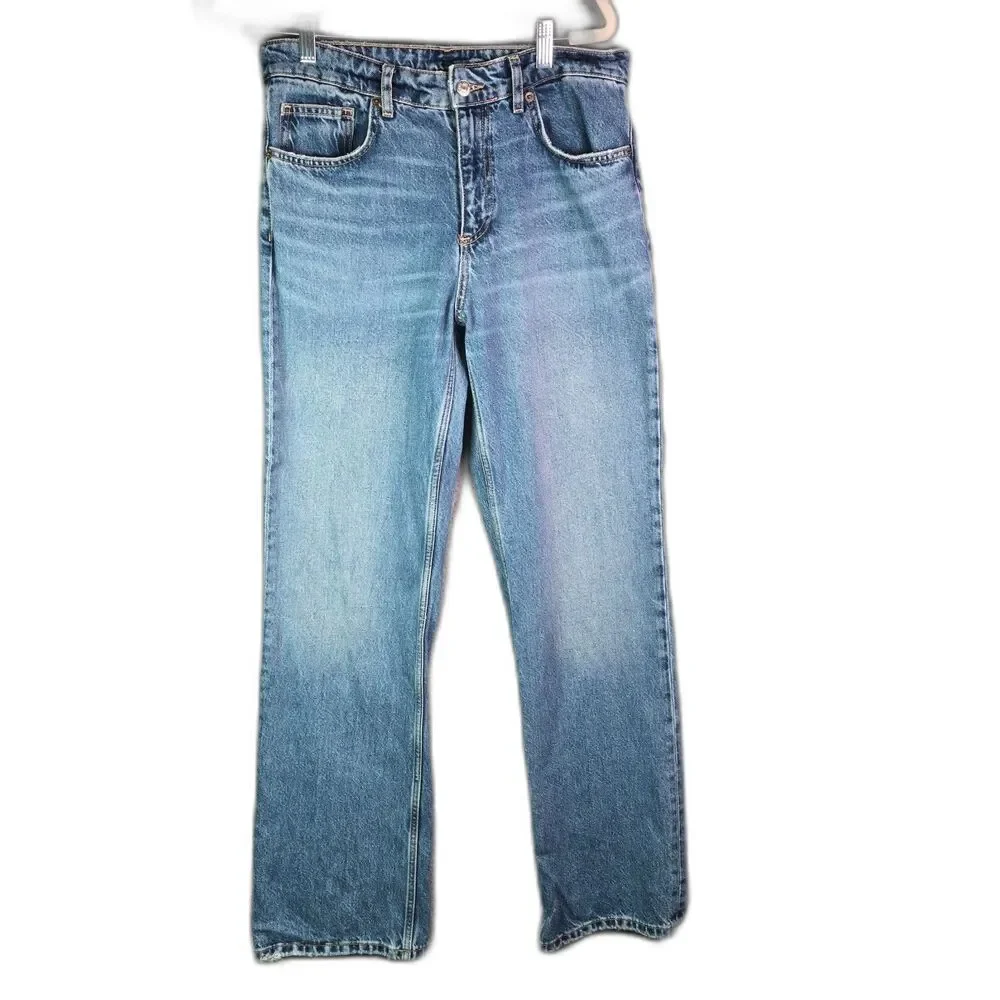 Zara Jeans Medium Blue 8 Straight Leg High Rise 100 Cotton Long Inseam